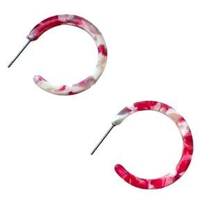 Swirled Red & White Marbleized Acetate Eco Hoop Handmade Earrings Unisex Gift